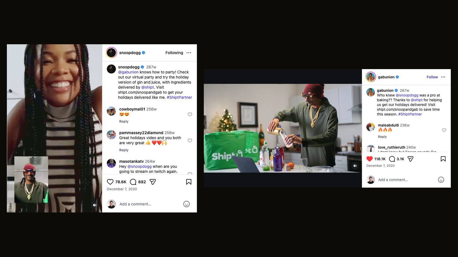 Instagram posts from Gabrielle Union and Snoop Dogg for the Shipt virtual holiday show