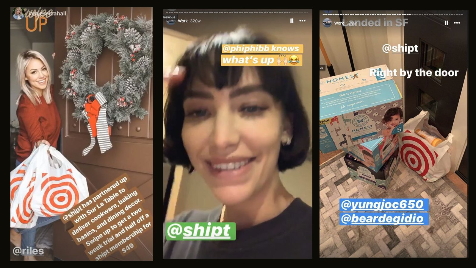 Three creator Instagram stories tagging @shipt during the Los Angeles launch