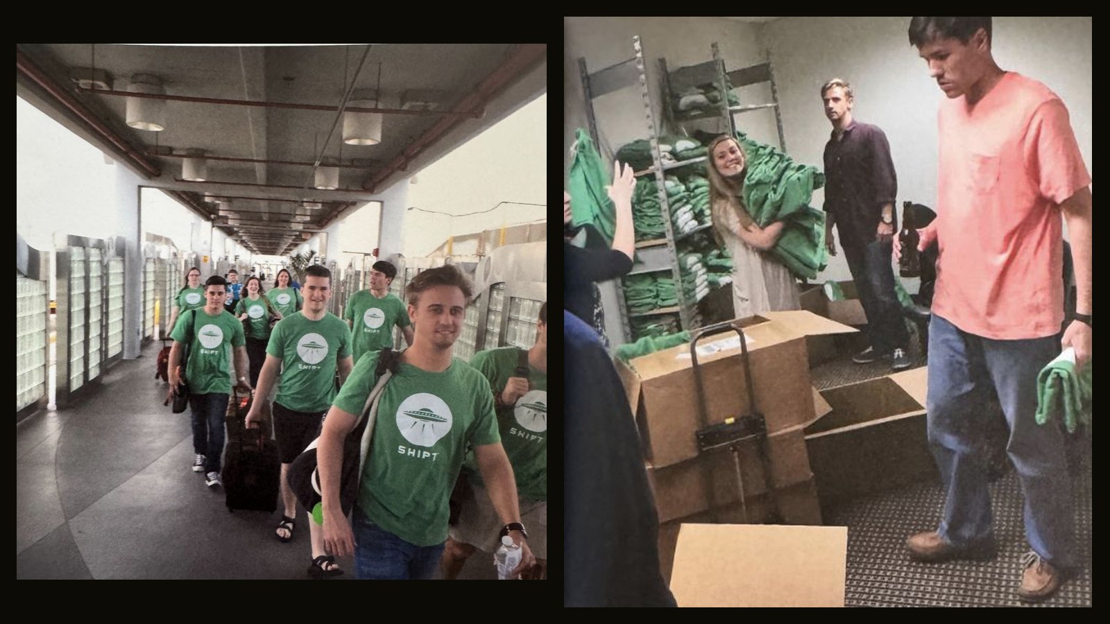 Shipt shoppers in green launch shirts walking a concourse, and the team packing shopper kits from cardboard boxes