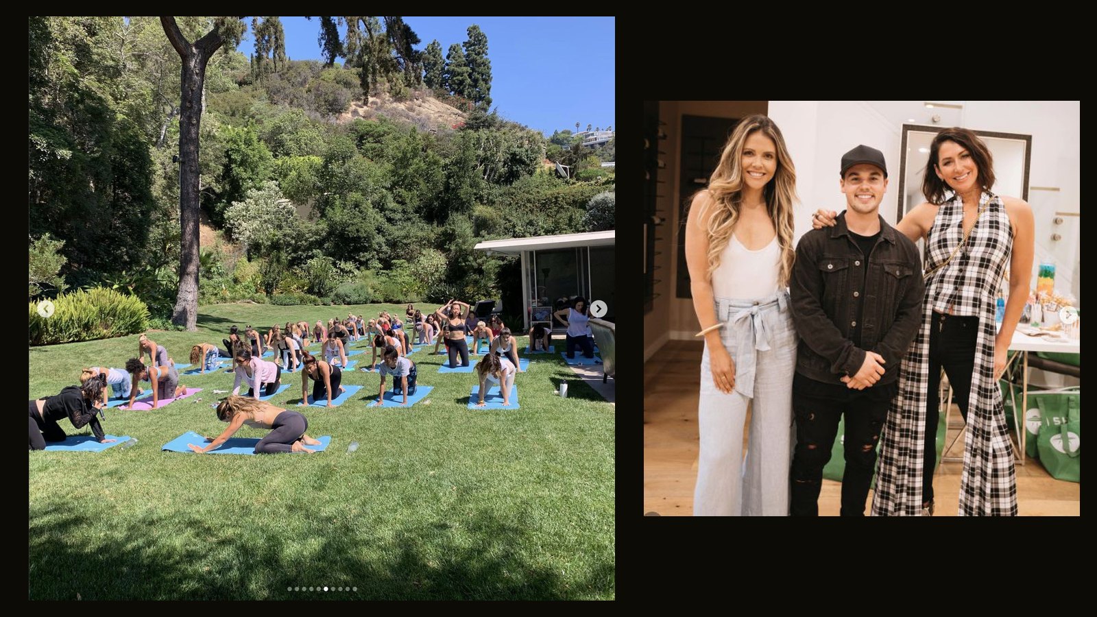 An outdoor yoga class at the Tone It Up wellness retreat, and the Tone It Up founders with Micah Whitehead