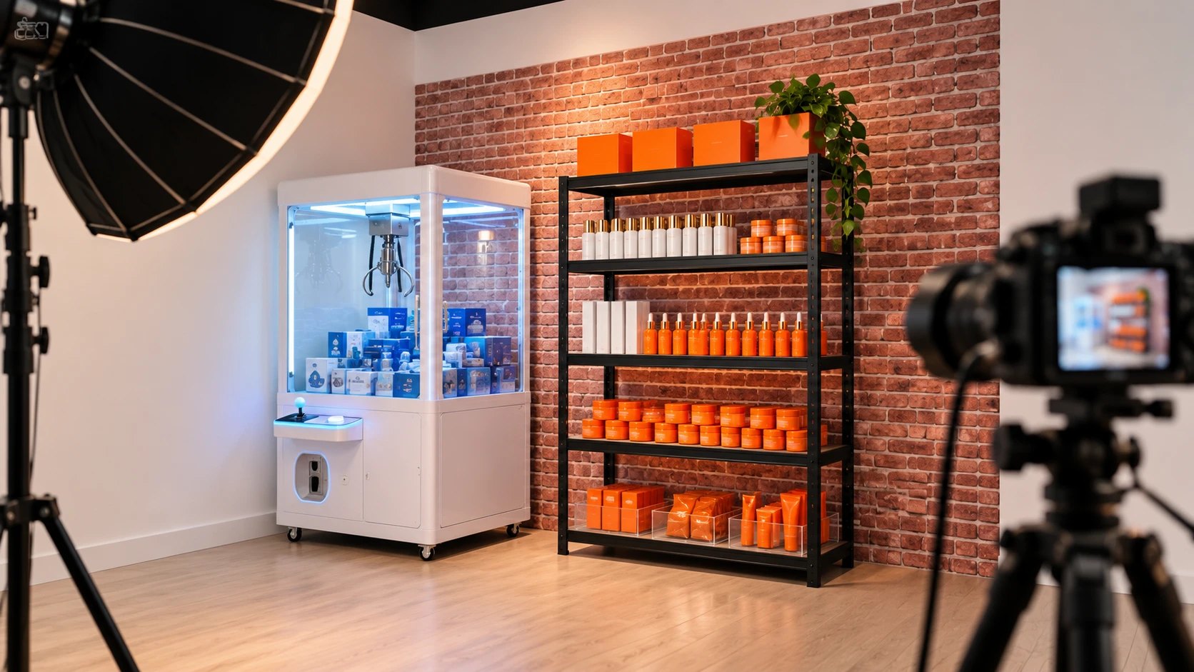 The mini mart set: a claw machine beside brick-wall shelves of product