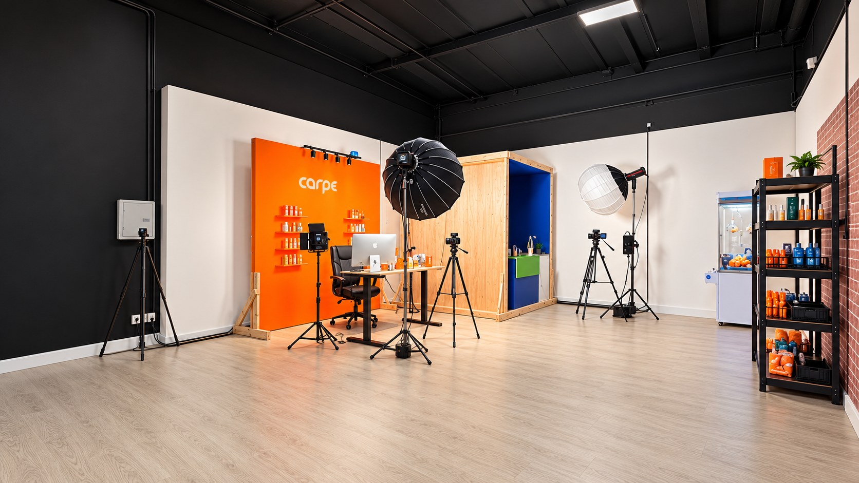 The Carpe set: an orange wall with the Carpe wordmark, a wood-framed blue booth, softboxes and cameras on a pale wood floor