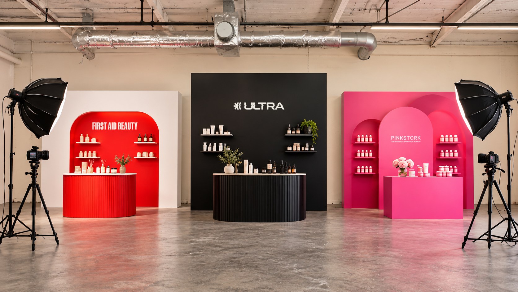 Three permanent sets side by side under exposed ductwork: First Aid Beauty in red, Ultra in black, Pink Stork in pink